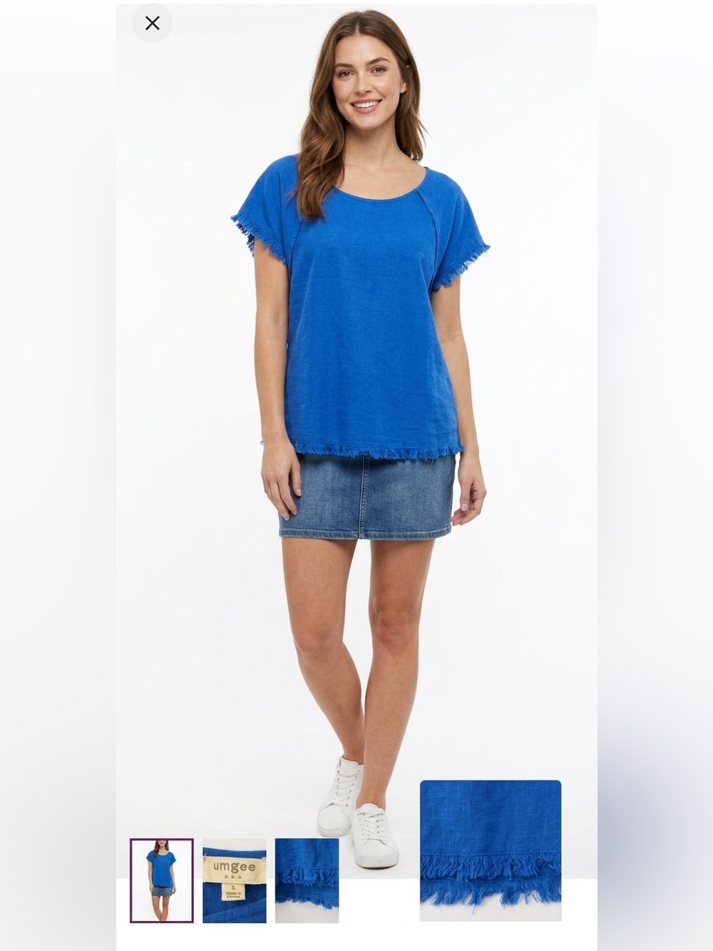 Umgee Cotton/Linen Blend Blue Short Sleeve Top with Fringe